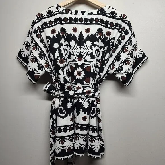 Ann Taylor Linen Blouse Top Women Size M White Floral Waist Tie Casual Feminine - Picture 6 of 9